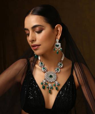 Green silver tone polki necklace set 1