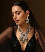 Green silver tone polki necklace set