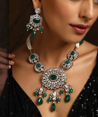 Green silver tone polki necklace set 2