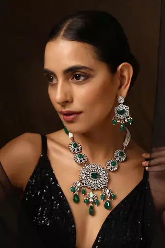 Green silver tone polki necklace set