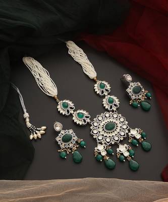 Green silver tone polki necklace set 4