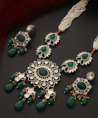 Green silver tone polki necklace set 5