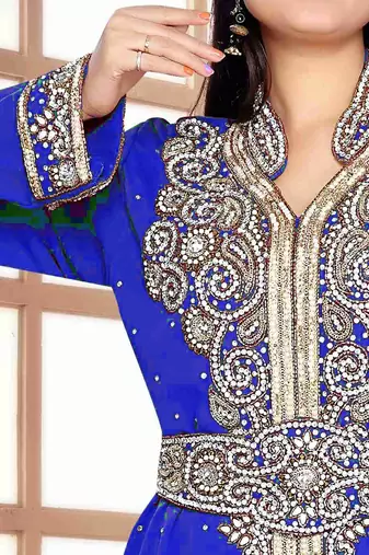 Royal-Blue color Handmade Moroccan Kaftan with hijjab