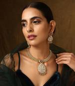 Red gold tone kundan temple necklace set