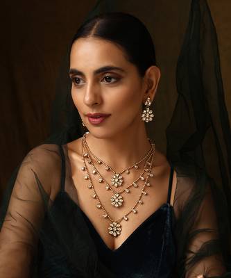 Gold tone kundan layered necklace set 1