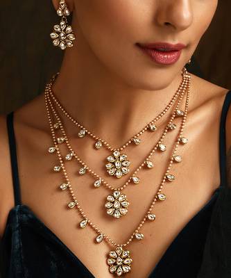 Gold tone kundan layered necklace set 3