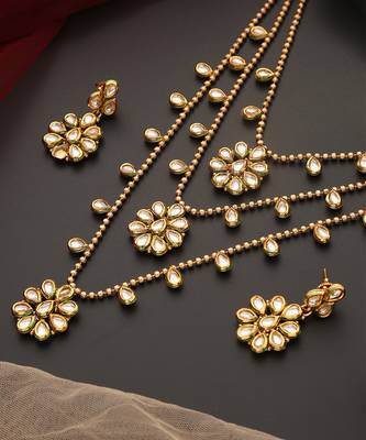Gold tone kundan layered necklace set 5