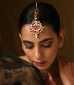Pink gold tone kundan maang tikka