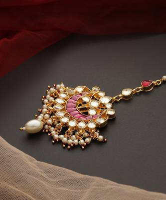 Pink gold tone kundan maang tikka 5
