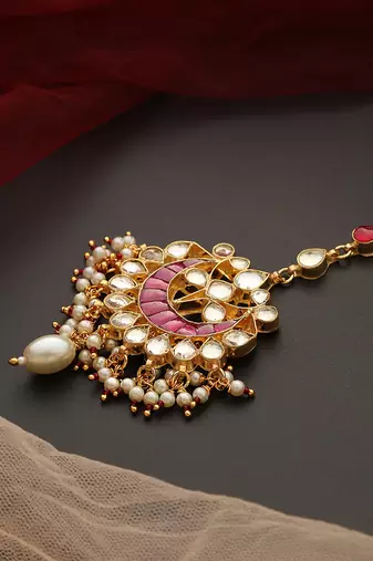 Pink gold tone kundan maang tikka