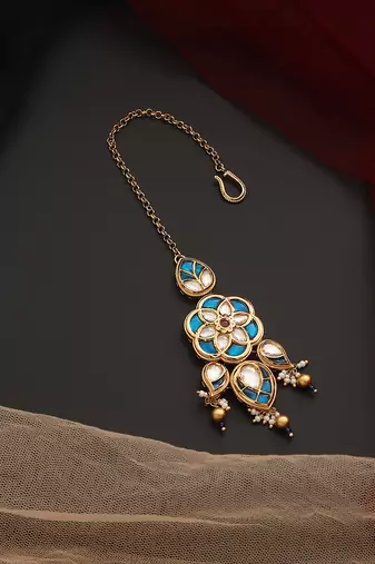 Blue gold tone kundan maang tikka