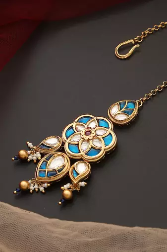 Blue gold tone kundan maang tikka