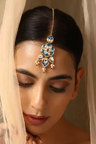 Blue gold tone kundan maang tikka