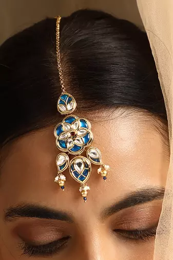 Blue gold tone kundan maang tikka