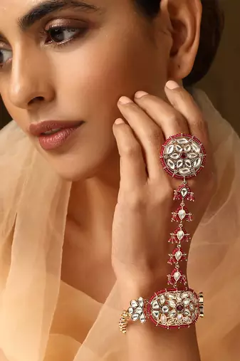 Red rose gold tone polki hath phool