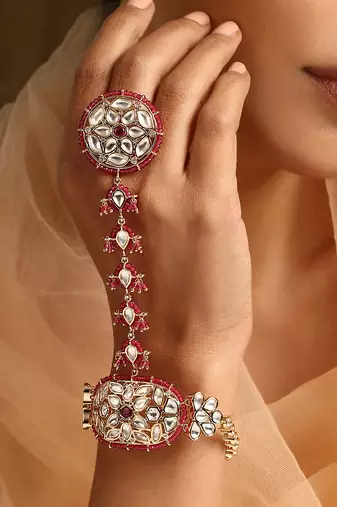 Red rose gold tone polki hath phool