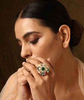 Multicolour gold tone kundan ring 1