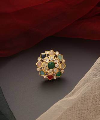 Multicolour gold tone kundan ring 2