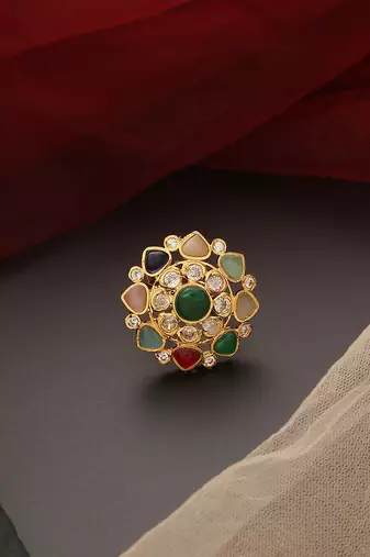 Multicolour gold tone kundan ring