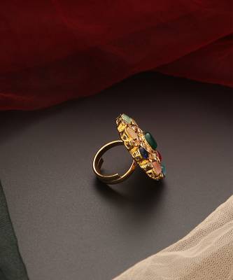 Multicolour gold tone kundan ring 3
