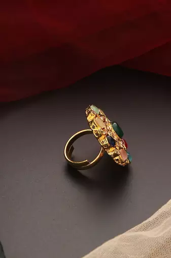 Multicolour gold tone kundan ring