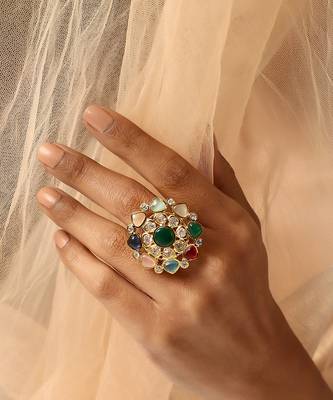 Multicolour gold tone kundan ring 4