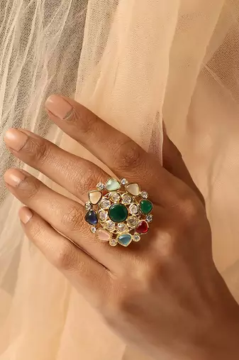 Multicolour gold tone kundan ring