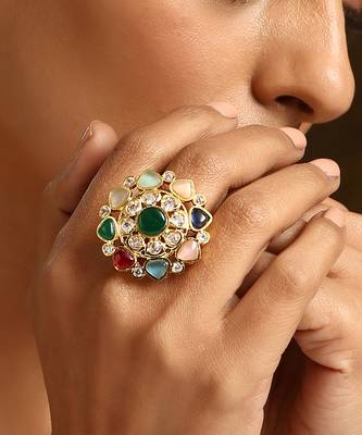 Multicolour gold tone kundan ring 5