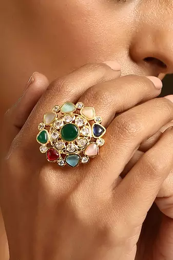Multicolour gold tone kundan ring