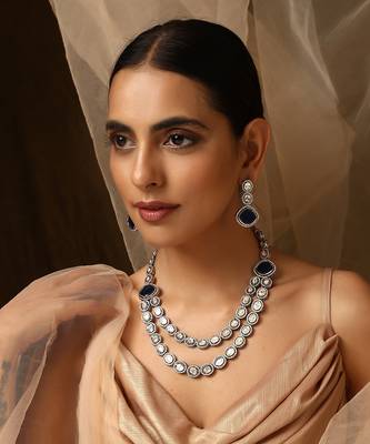 Blue silver tone victorian polki layered nacklace set 1