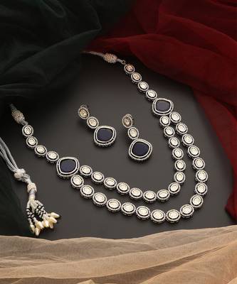 Blue silver tone victorian polki layered nacklace set 2