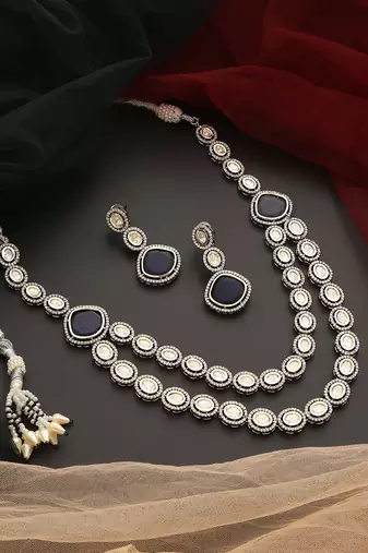Blue silver tone victorian polki layered nacklace set