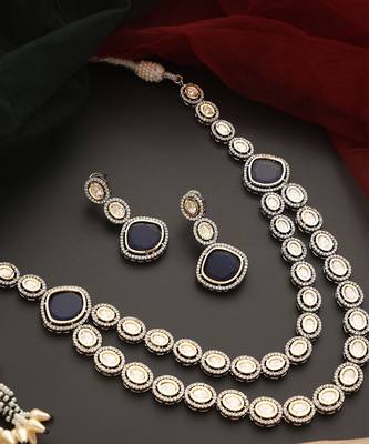 Blue silver tone victorian polki layered nacklace set 3
