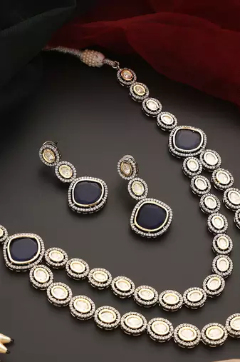 Blue silver tone victorian polki layered nacklace set