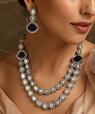 Blue silver tone victorian polki layered nacklace set 5