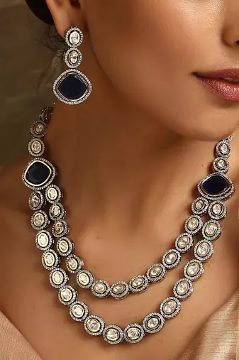 Blue silver tone victorian polki layered nacklace set