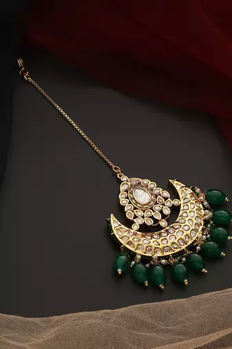 Green gold tone polki maang tikka
