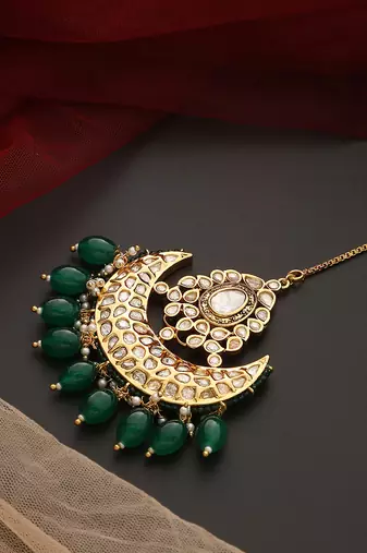 Green gold tone polki maang tikka