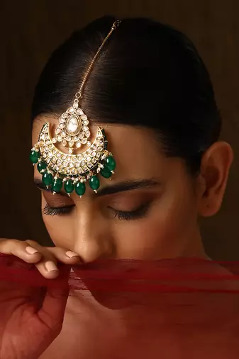 Green gold tone polki maang tikka