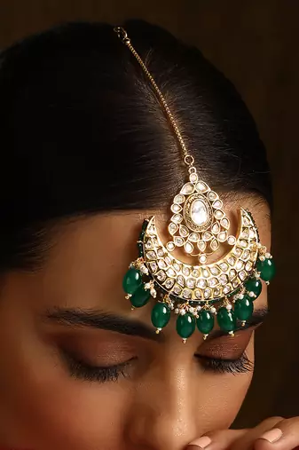 Green gold tone polki maang tikka