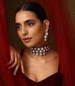 Green silver tone polki choker set