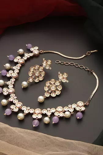 Lavender rose gold tone polki necklace set