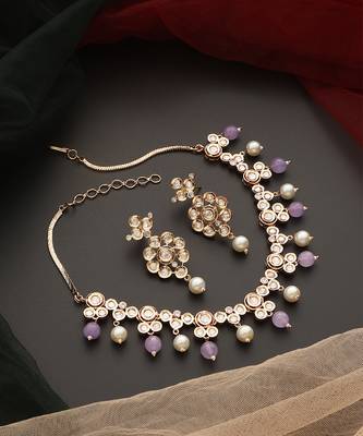 Lavender rose gold tone polki necklace set 3