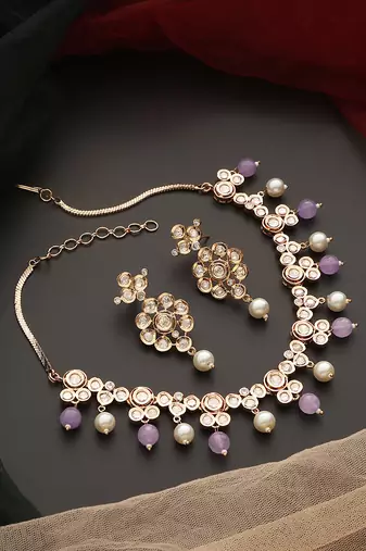 Lavender rose gold tone polki necklace set