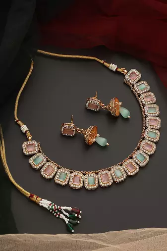 Mint and pink gold tone necklace set