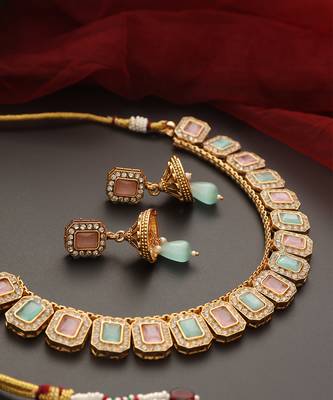 Mint and pink gold tone necklace set 3