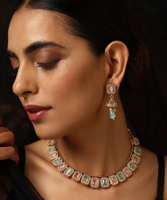 Mint and pink gold tone necklace set 4