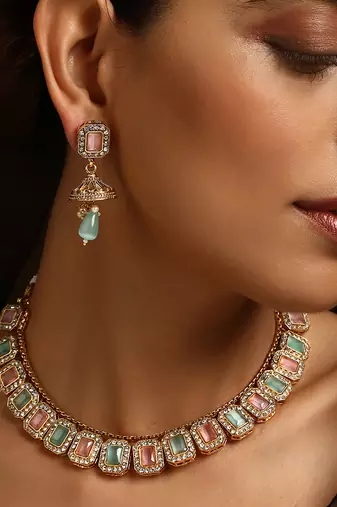 Mint and pink gold tone necklace set