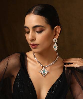 Blue rose gold tone polki pendant set 1