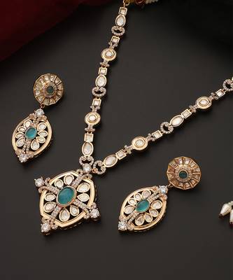 Blue rose gold tone polki pendant set 2